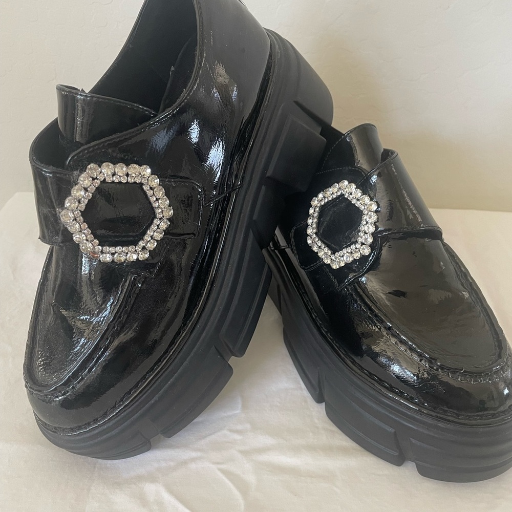 Black Patent Platform Loafers with Crystal Buckle - Picture 4 of 8